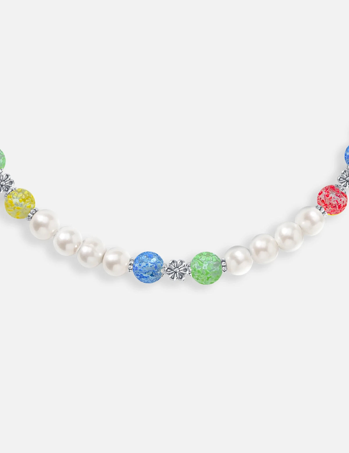 JIMMY necklace close-up: marbles and stainless steel spacer