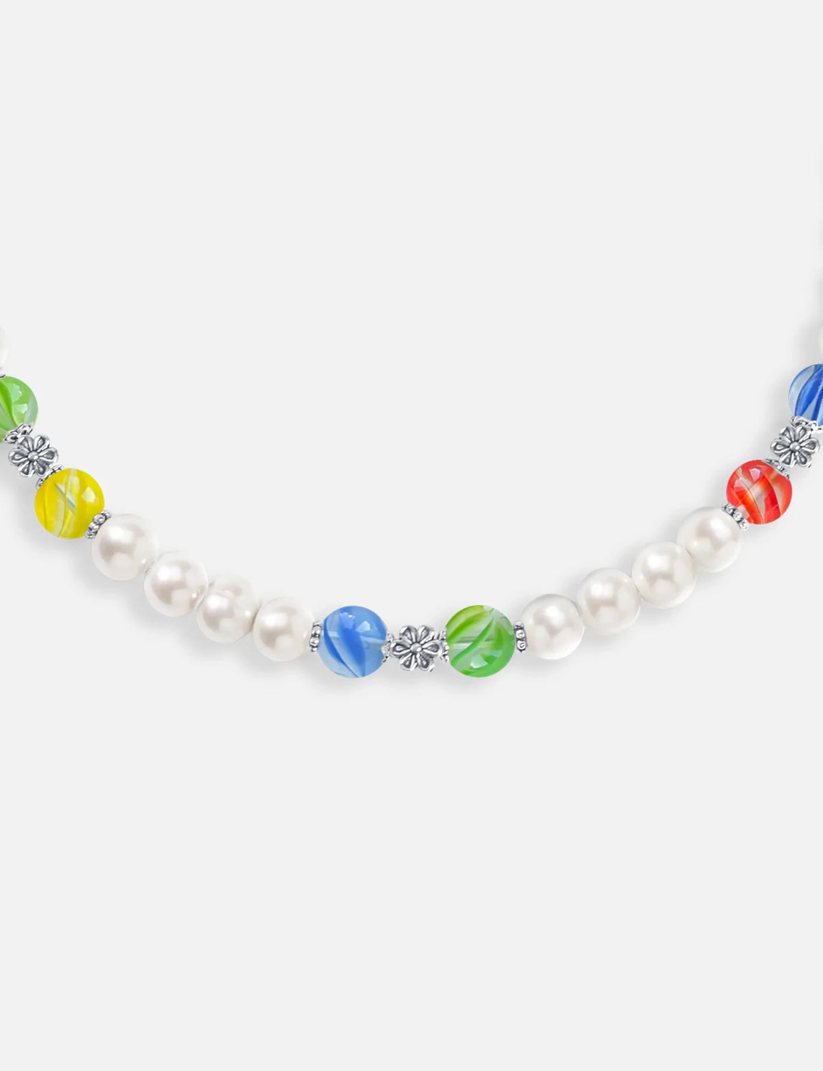 LIZZIE necklace close-up: marbles and stainless steel spacer