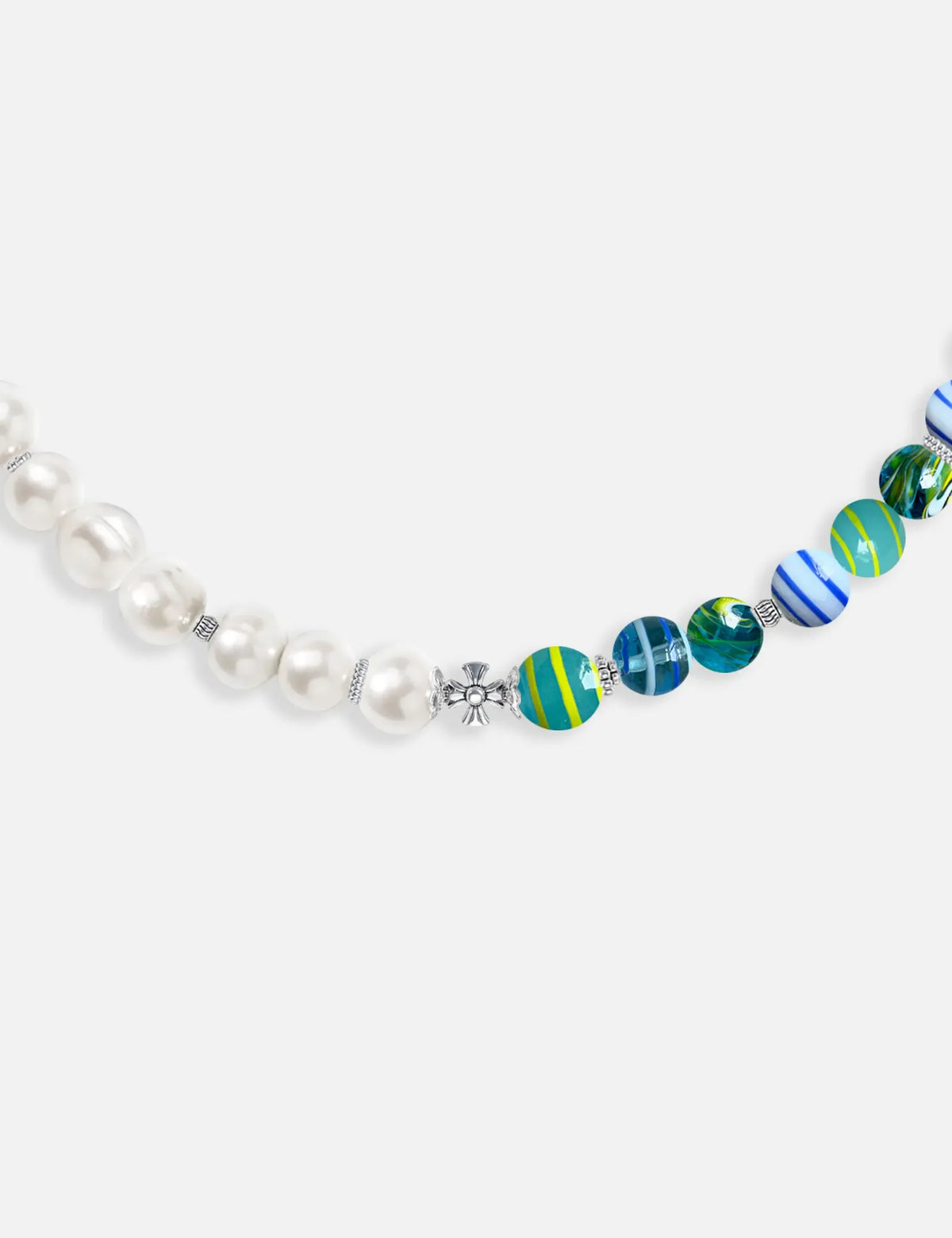 ZACK necklace close-up: marbles and stainless steel spacer
