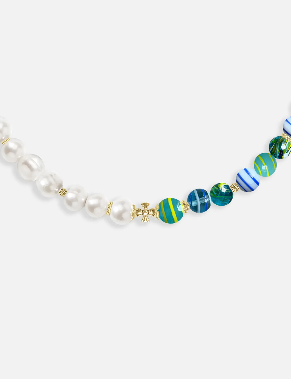 ZACK GOLD necklace close-up: marbles and stainless steel spacer