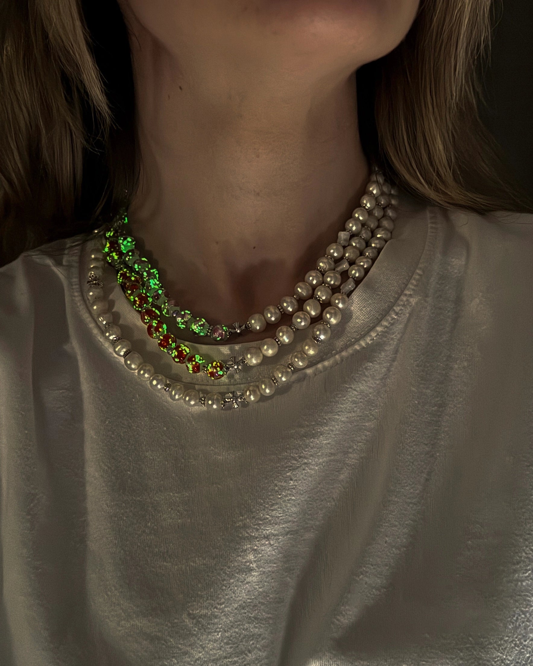 Collier perles de culture rose phosphorescent