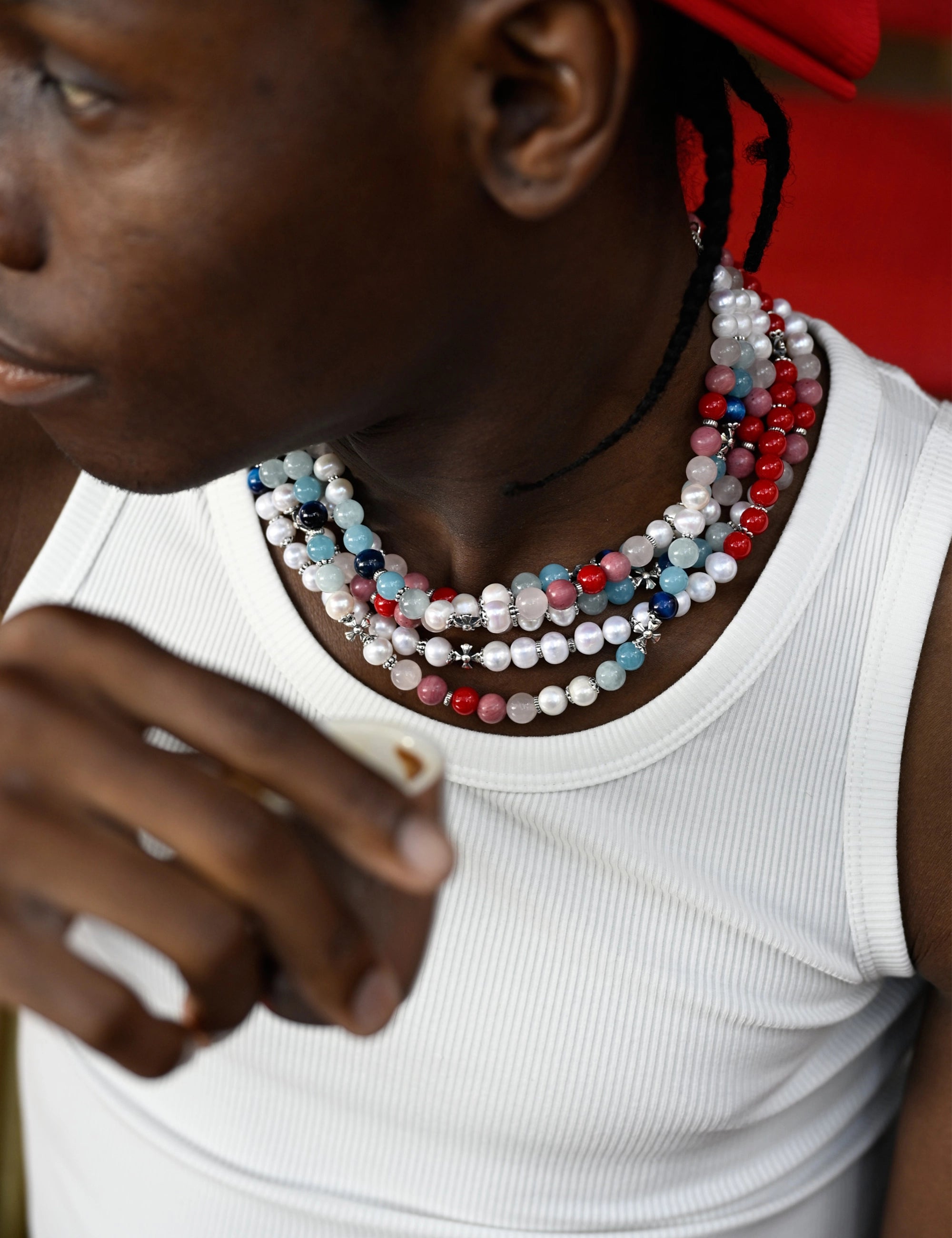 Collier perles culture bleu blanc rouge