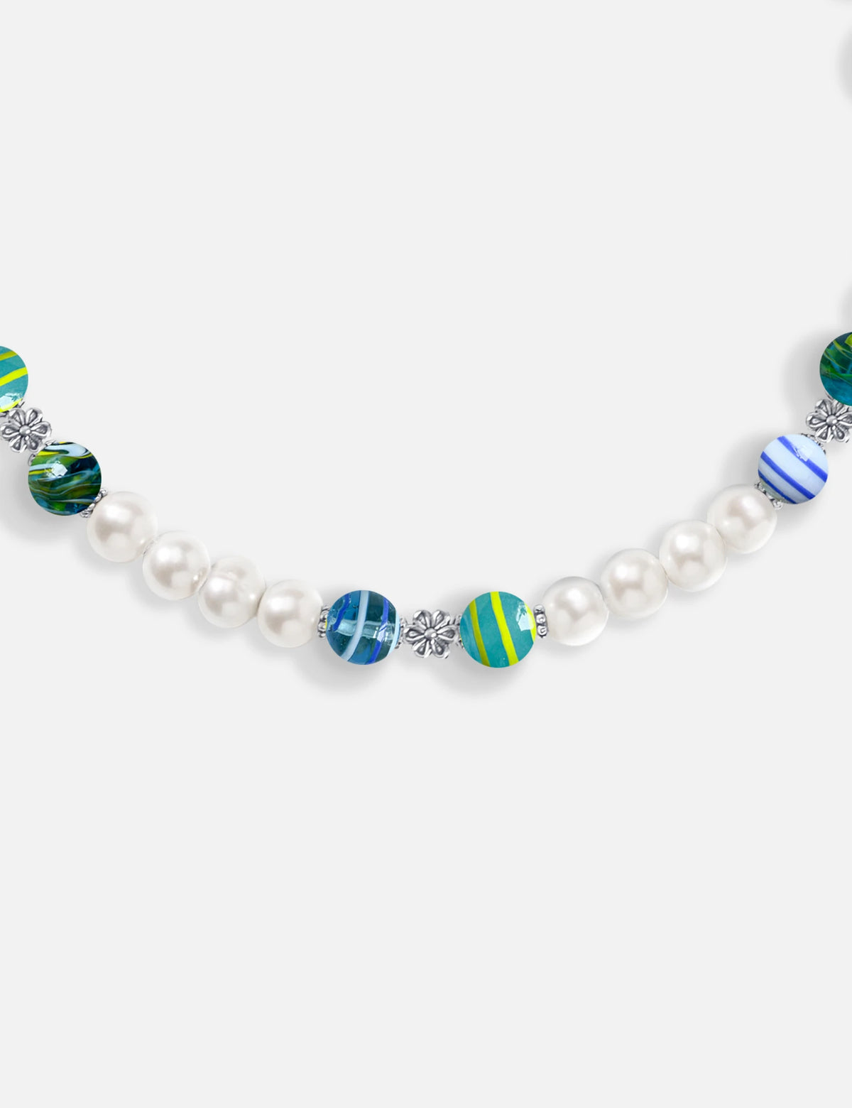 CODY necklace close-up: marbles and stainless steel spacer
