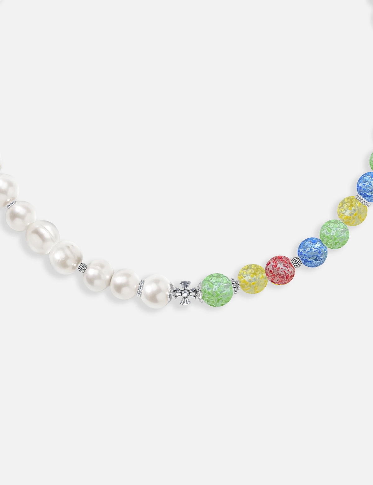 DEWEY necklace close-up: marbles and stainless steel spacer