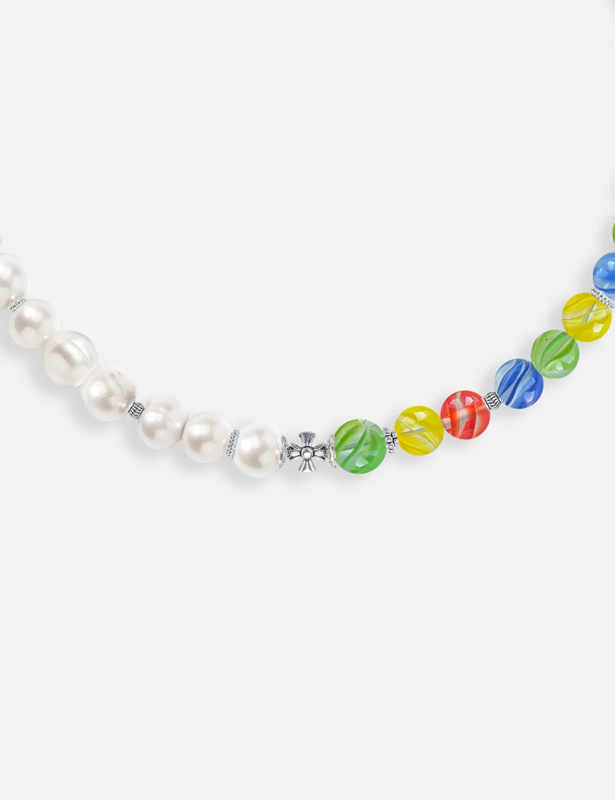 MALCOLM necklace close-up: marbles and stainless steel spacer