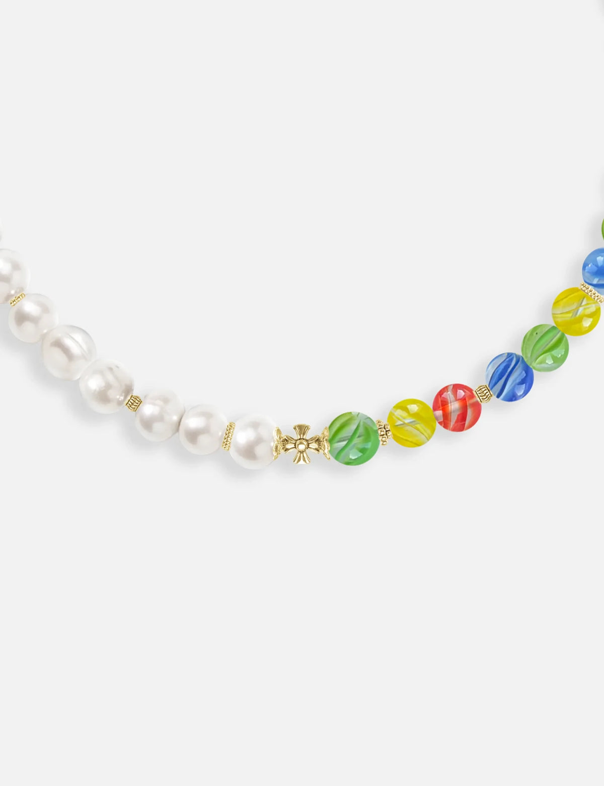 MALCOLM GOLD necklace close-up: marbles and stainless steel spacer