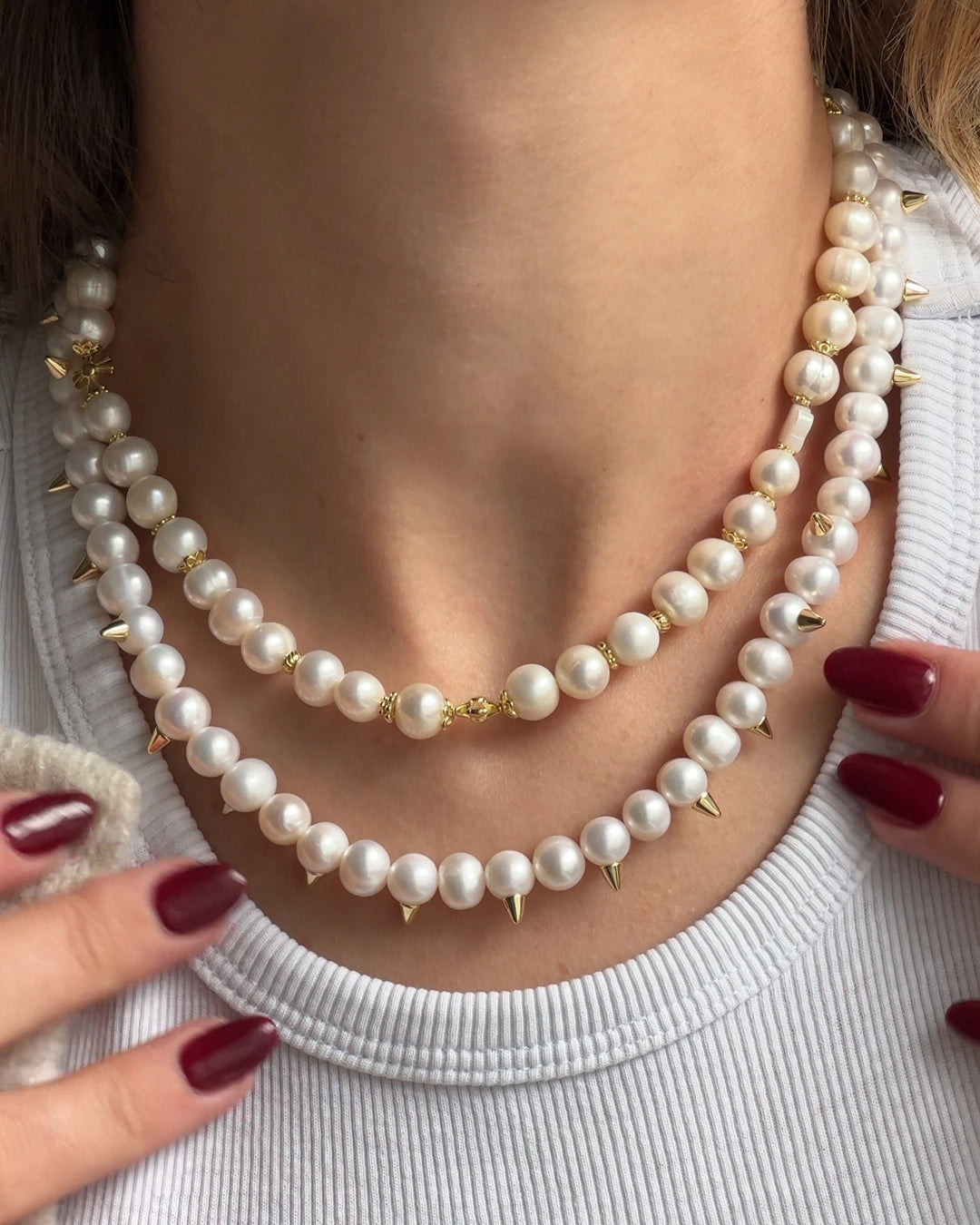 collier perles de culture pics dorés