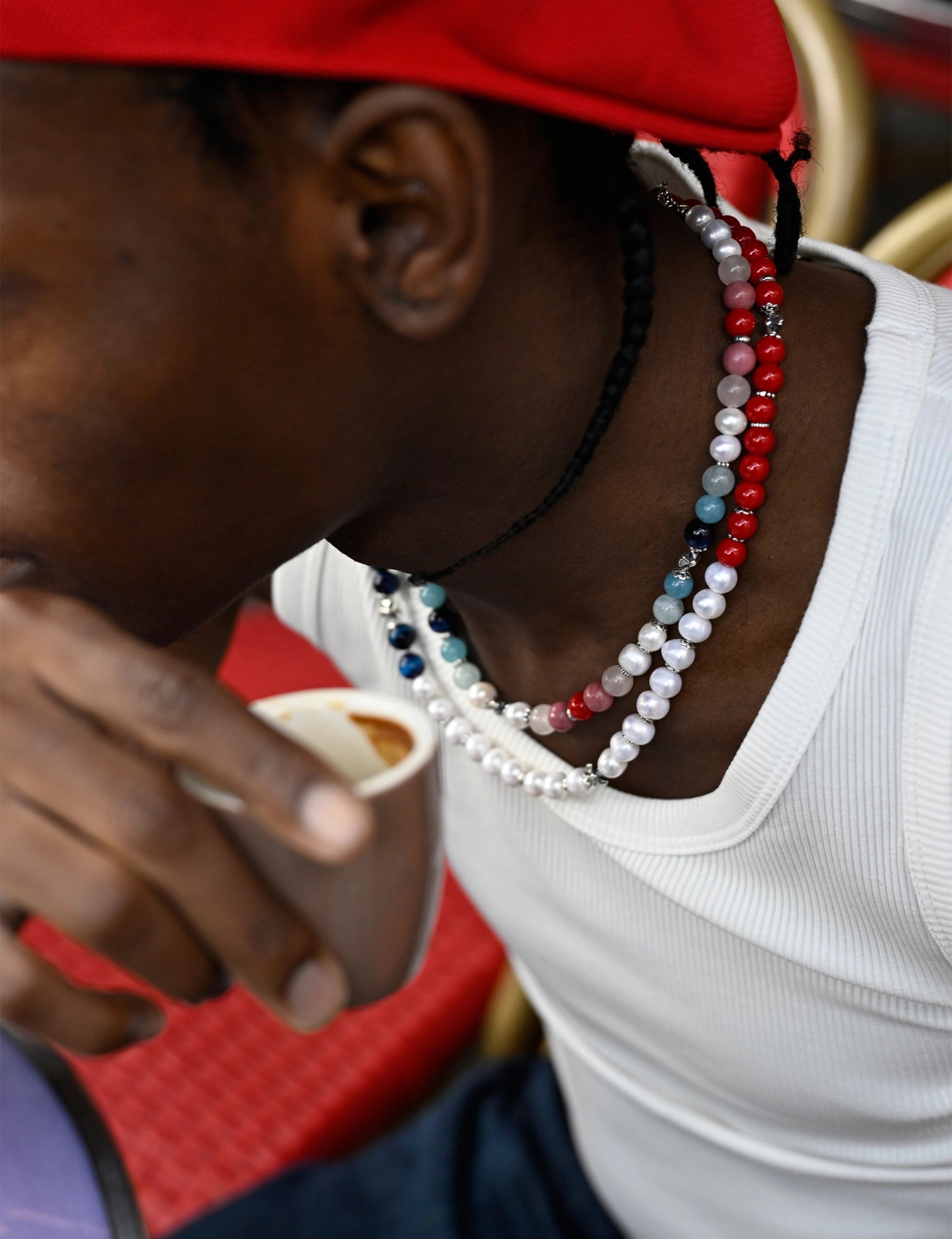 Collier perles culture bleu blanc rouge