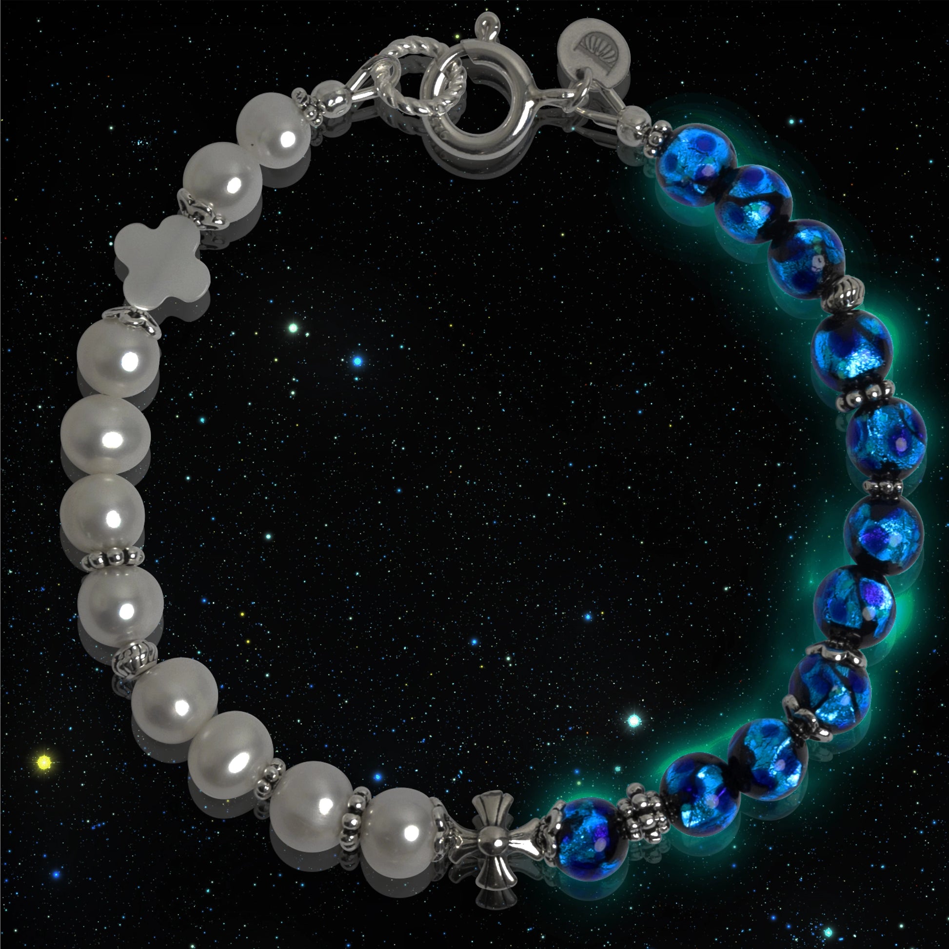Bracelet de perles phosphorescent Hotaru Okinawa pour homme et femme de luxe, perles naturelles de culture, perles d'eau douce, pierres fines et argent 925. Tendance et luxueux. Brille dans le noir.
