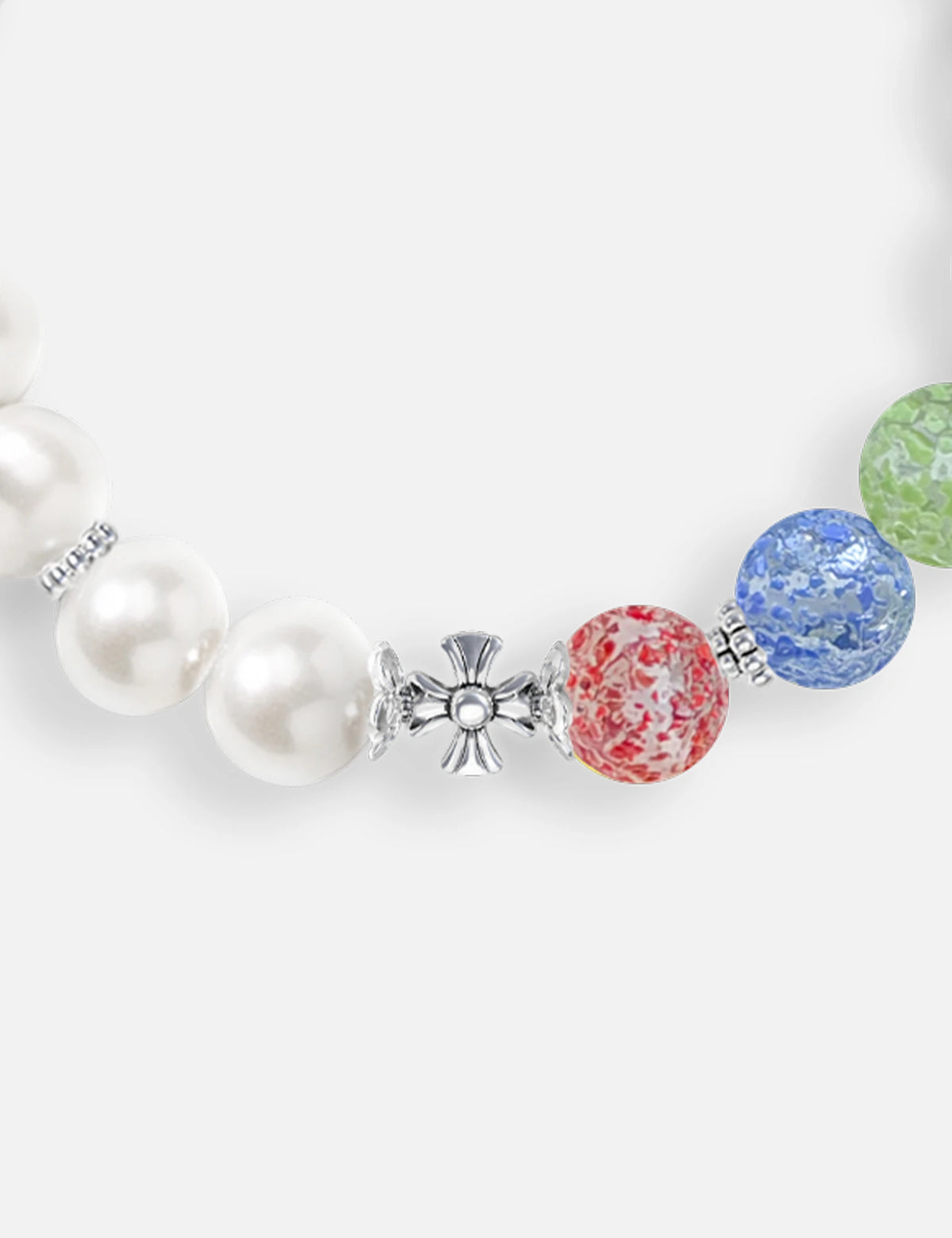 DEWEY bracelet close-up: marbles and stainless steel spacer