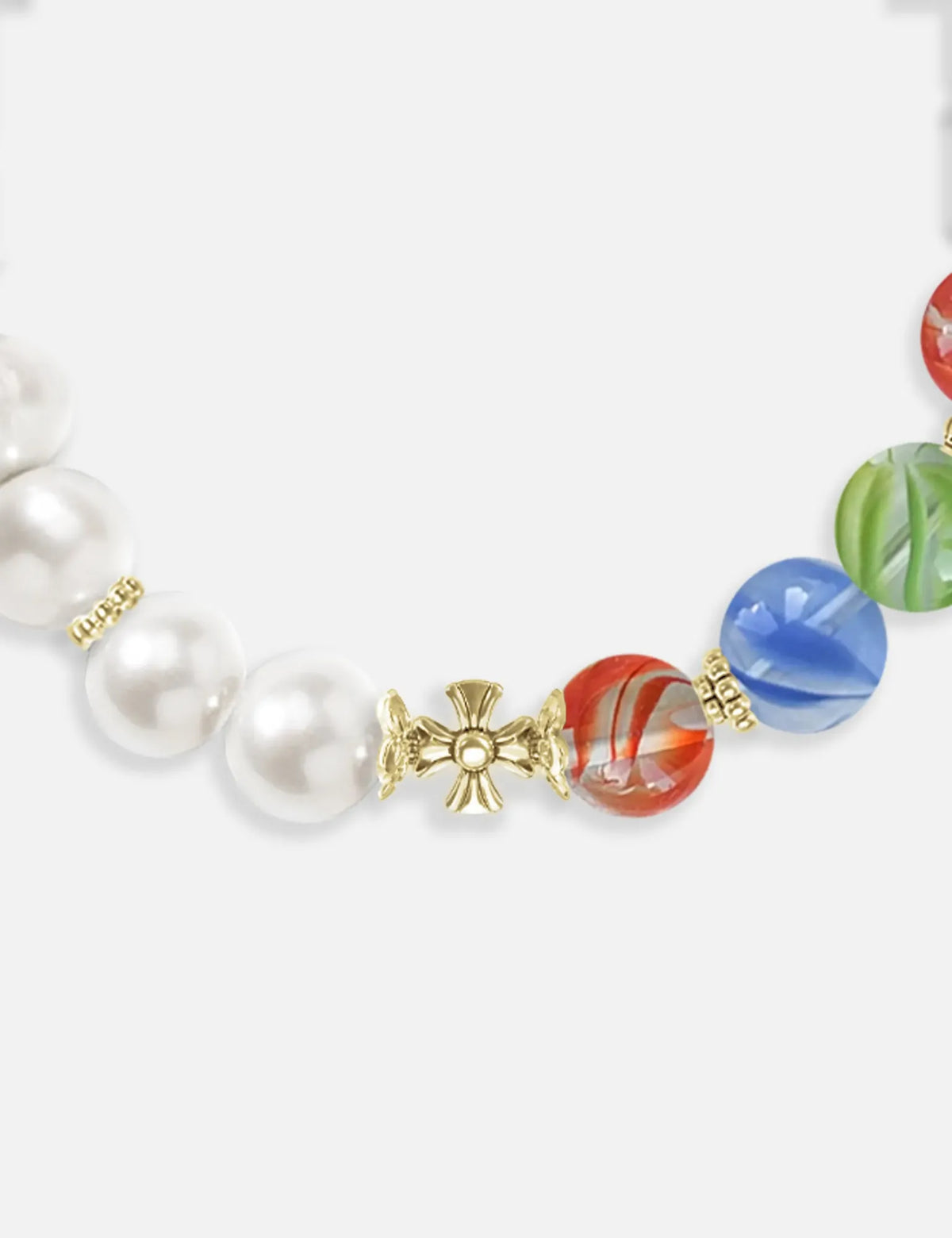 MALCOLM GOLD bracelet close-up: marbles and stainless steel spacer